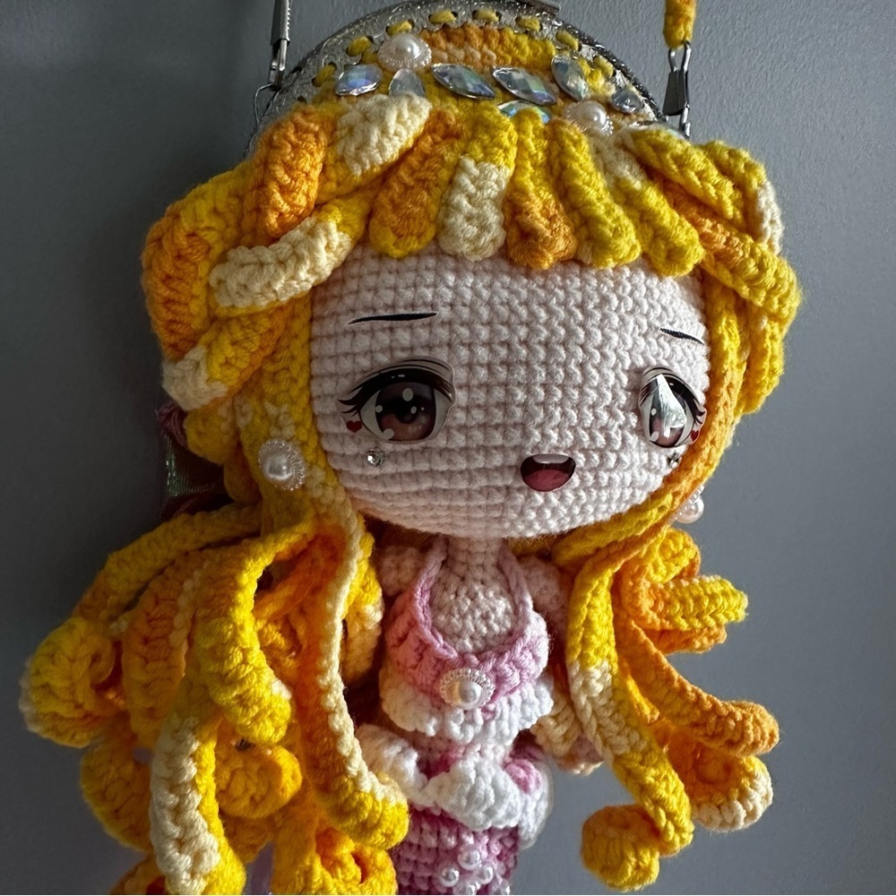 Mermaid, RARE, Crochet,  Crossbody Purse, Bag, Jewel Details, Amigurumi, Doll - Picture 2 of 11